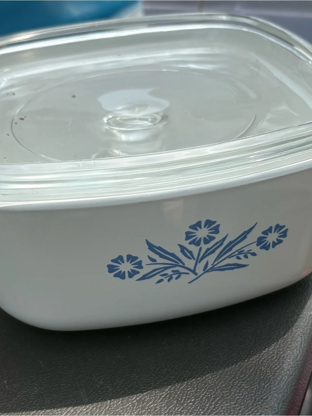 White Ceramic Casserole Dish with Blue Floral Pattern and Clear Lid